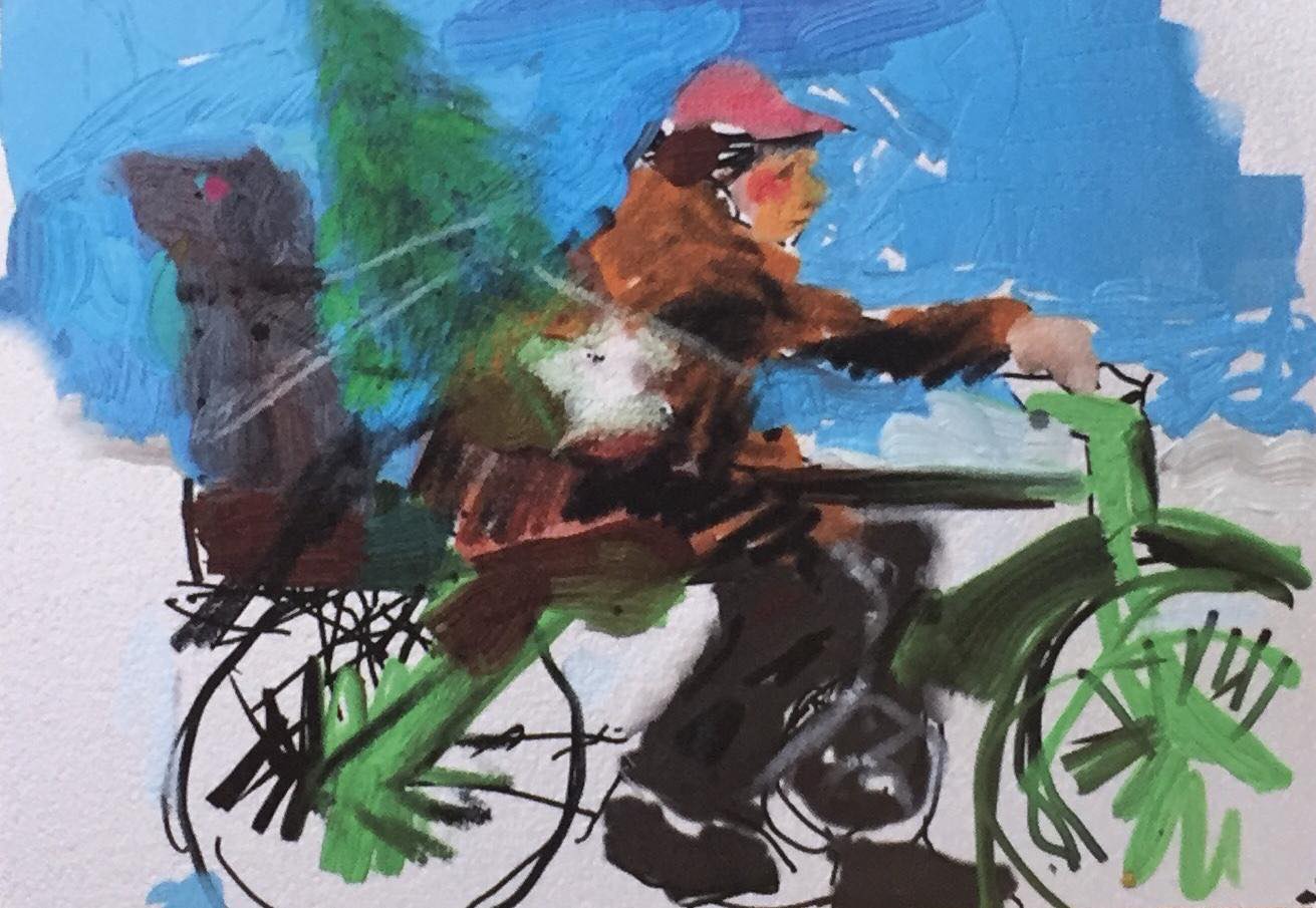 Mr Flood on his Bike with a Christmas Tree